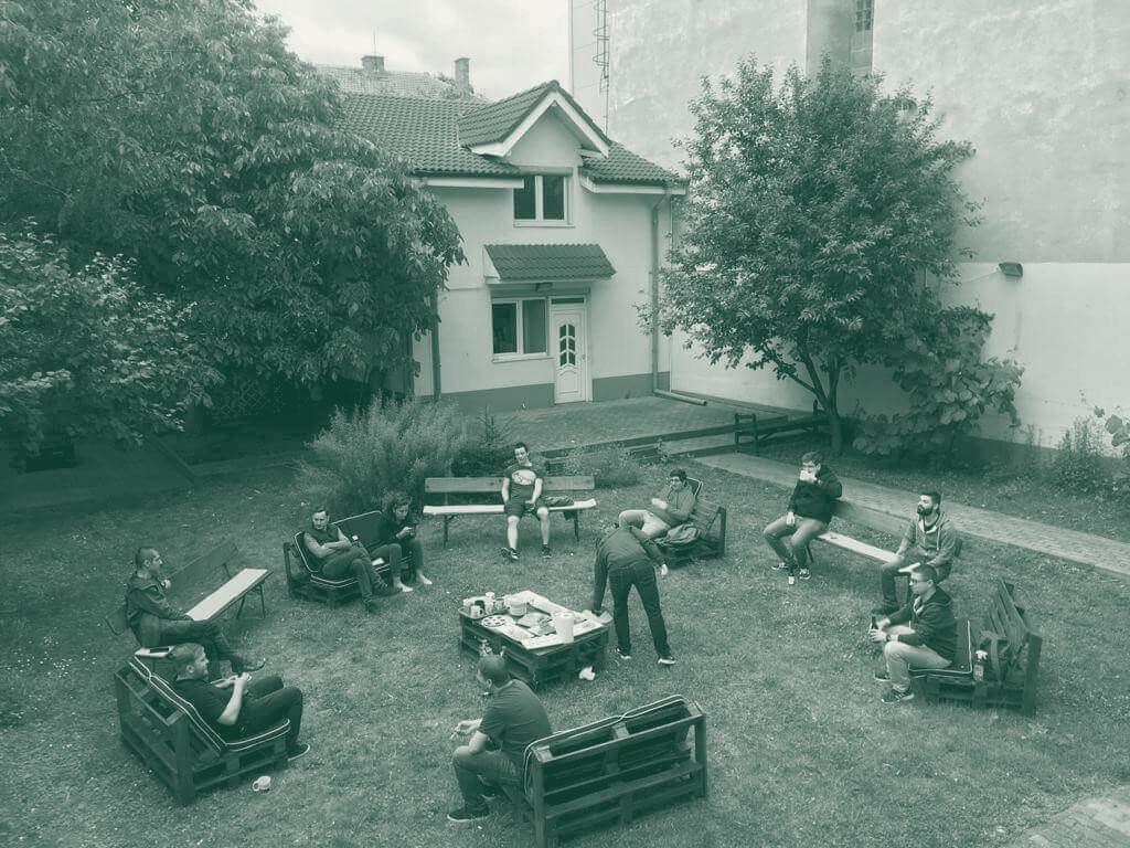 Team get-together in the office yard
